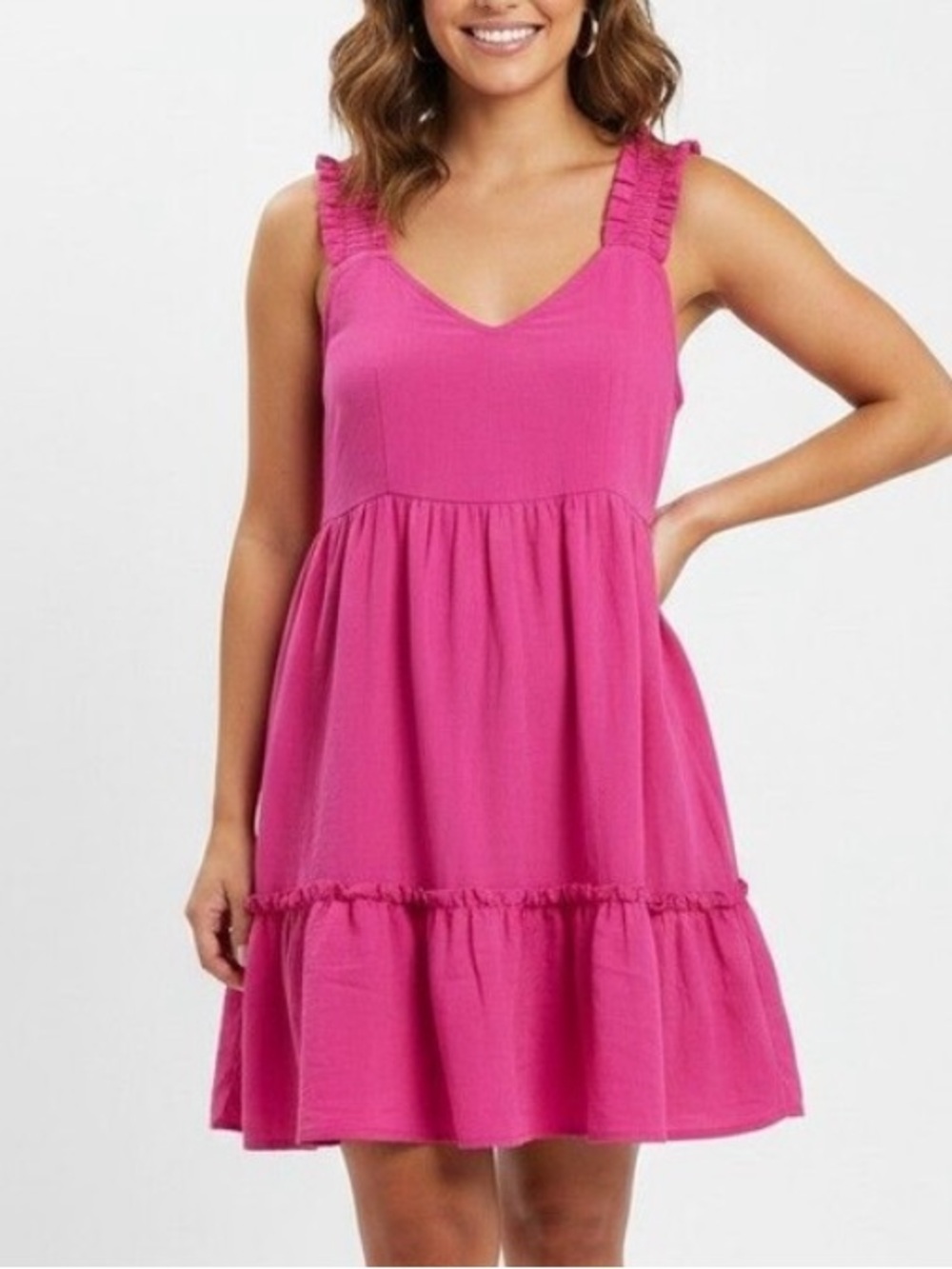 Boutique Babydoll Fuchsia Ruffle Tiered Ruched Sleeveless Mini Dress Hot Pink